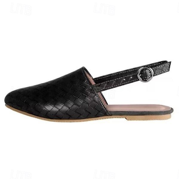 Women's Black Woven Flat Mules with Adjustable Slingback Strap - Stylish Summer Casual Shoes 2025 - €27.99 –P2