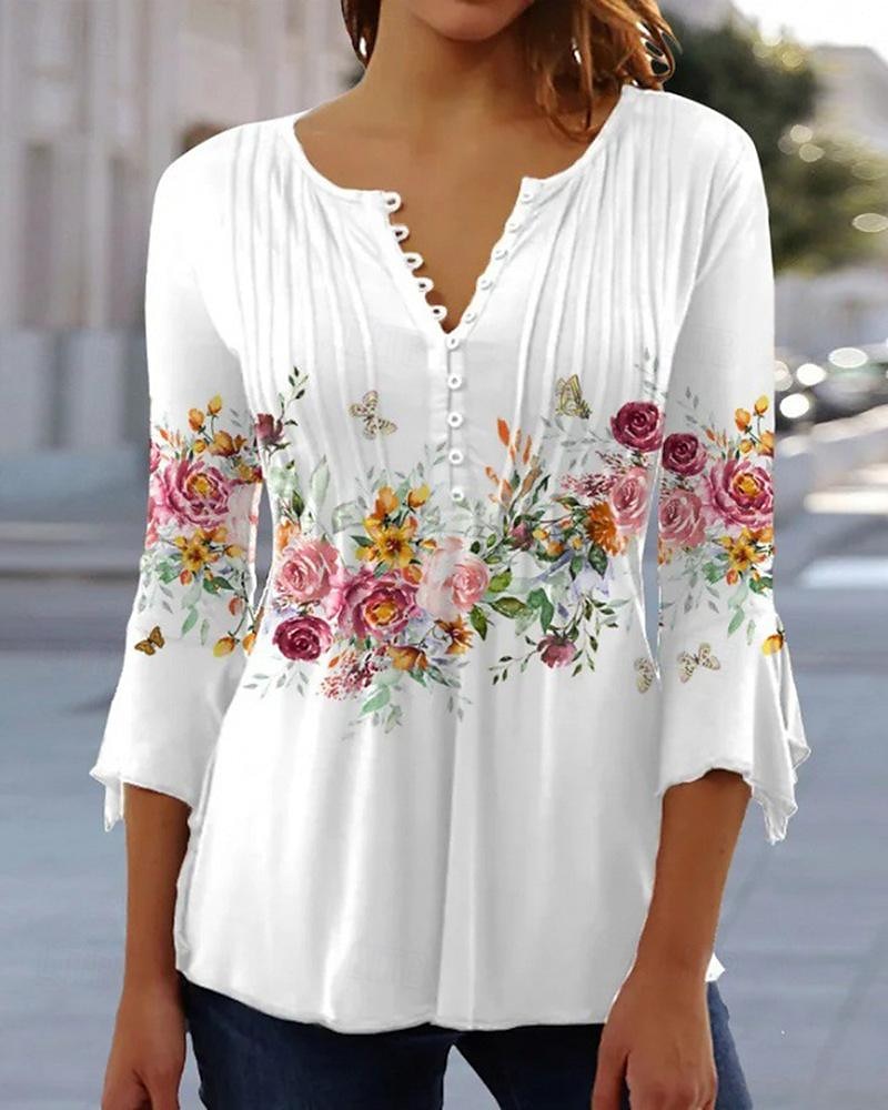 dameskjorte bluse tilfeldig blomsterknapper print 3/4 lengde erme vanlige topper rund hals ferie daglig hvit rosa blå grønn vår & sommer 2025 - $23.99 –P2