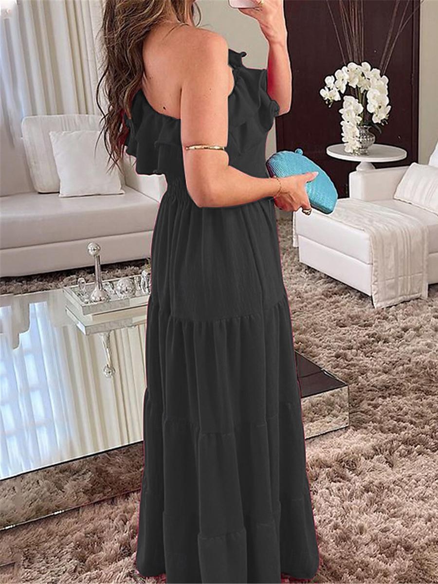 Damskie Czarna sukienka Sukienka maxi Falbana Ślub Impreza Elegancja Formalny Na jedno ramię Bez rękawów Czarny Czerwony Kolor 2025 - $41.99 –P3