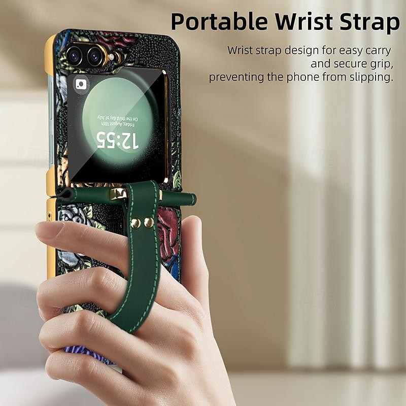 Phone Case For Samsung Galaxy Z Flip 5 Z Flip 4 Z Flip 3 Back Cover with Screen Protector with Wrist Strap Shockproof Retro PC PU Leather 2025 - $33.99 –P15