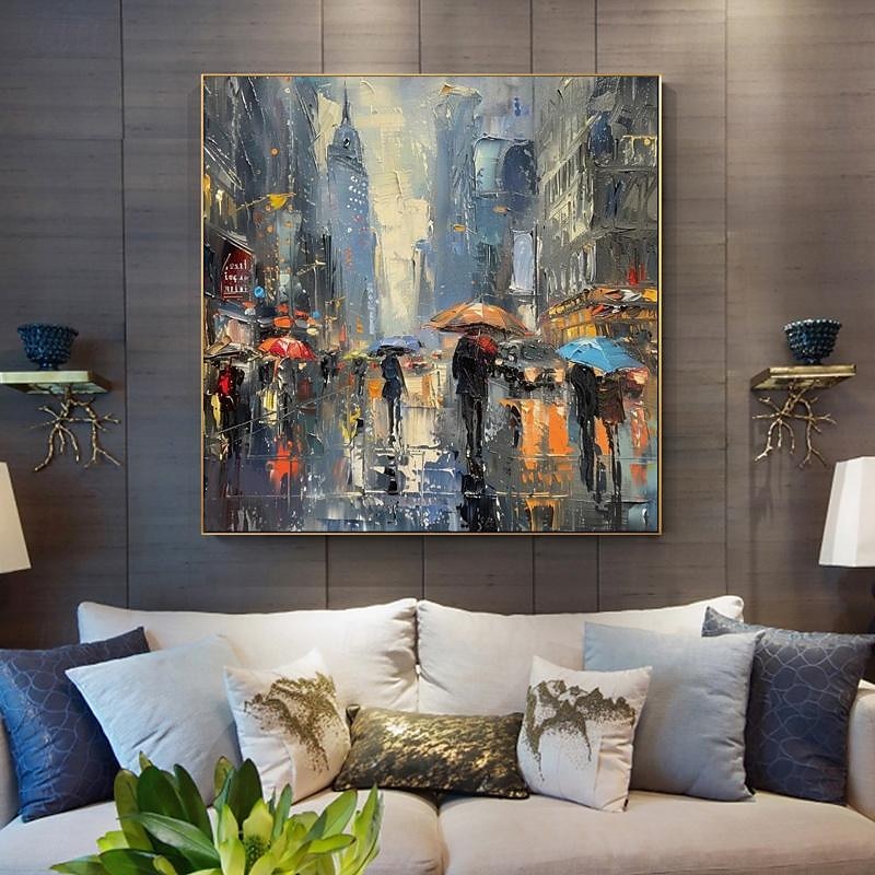 chodec s deštníky v deštivém městě malba olejomalba ručně malovaná deštivé město olejomalba ručně vyráběná panoráma města umění městská malba plátno domácí dekorace natažený rám připravený k zavěšení 2026 - $101.99 –P4