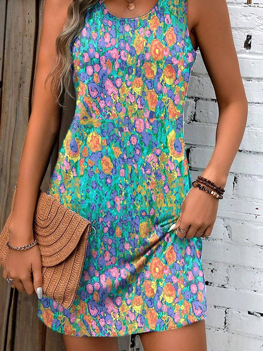 Kvinnors Miniklänning Petite Klänning Sundress Tankklänning Sommarklänning Avslappnad Semester Daglig Helg Regelbunden Passform Blommig Ärmlös Crew Neck Blå Sommar 2025 - $21.99 –P3