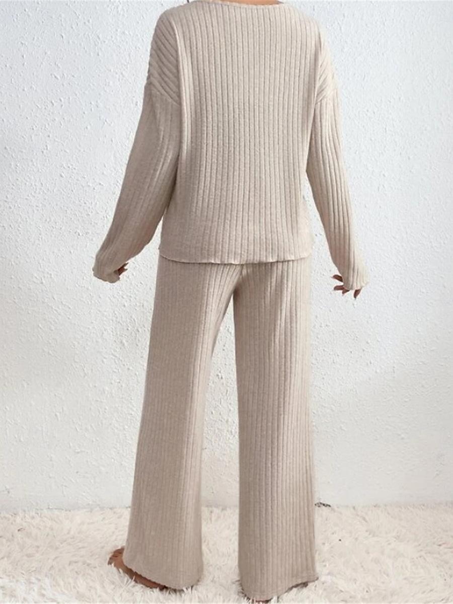 dames pyjama sets pure kleur mode comfort thuis dagelijks bed brei ademend v draad lange mouwen broek elastische taille lente herfst zwart kameel thuis outfits 2025 - $26.99 –P8