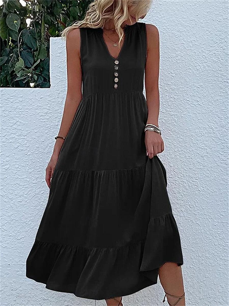 Damen Schwarz Gelb Blau Sommer Frühling Maxikleid Leinen-inspirierte Kleider Freizeitkleid Sommerkleid Basic Modern Täglich Wochenende Lässiger Schnitt Einfach V Ausschnitt 2025 - $26.99 –P5