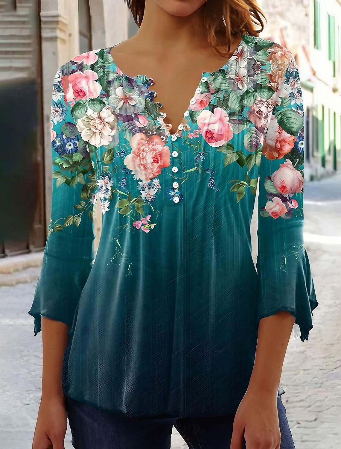 dameskjorte bluse tilfeldig blomsterknapper print 3/4 lengde erme vanlige topper rund hals ferie daglig hvit rosa blå grønn vår & sommer 2025 - $23.99 –P4