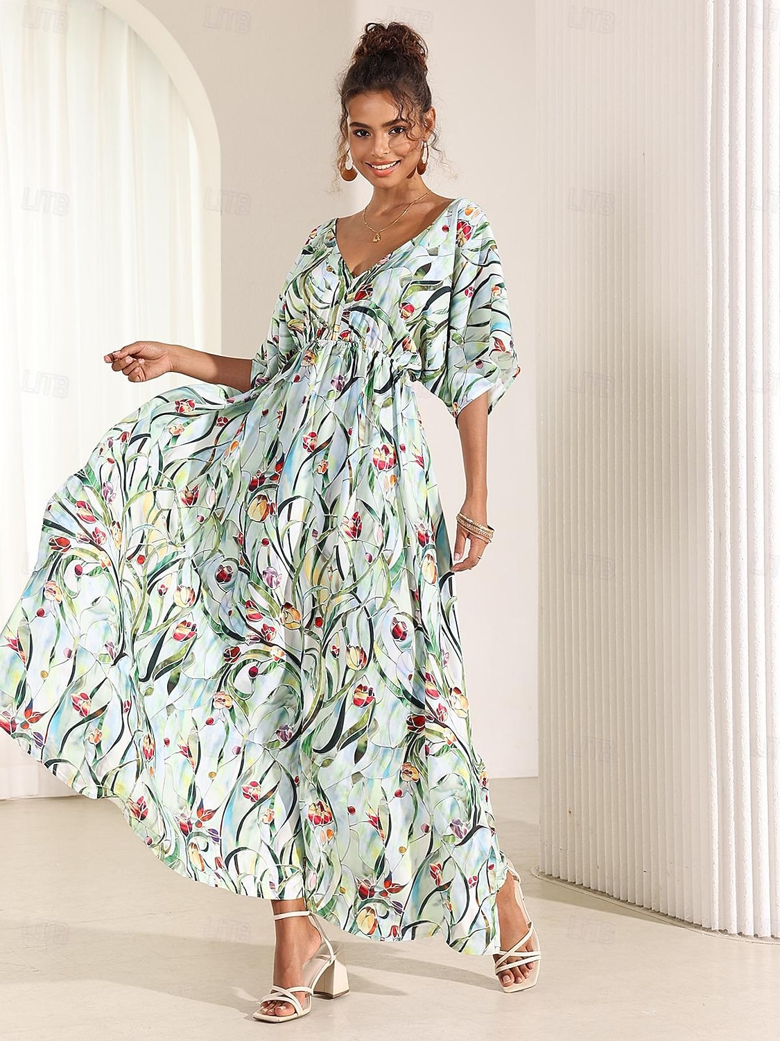 Femmes Robe Midi Robe évasée Robe trapèze Robe d'été Élégant Bohème Tropical Manche flottante Vacances Quotidien Date Coupe Ample Fleuri Manche Courte Col en V Bleu Vert Été de 2025 ? $49.99 –P8