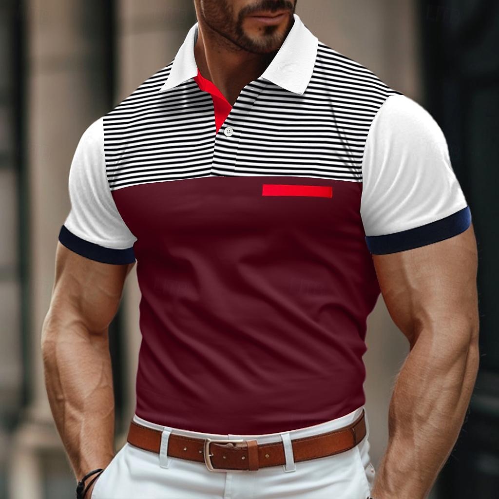 Homens Camiseta Polo Camisa de golfe Casual Feriado gola pólo com nervuras Manga Curta Moda Básico Bloco de cor Riscas Clássico Verão Normal Branco Amarelo Vinho Azul Marinho Azul Céu Camiseta Polo de 2025 por $22.99 –P11