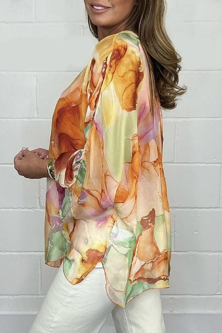 Women's Blouse Elegant Ombre Buttons Flutter Sleeve Long Sleeve Regular Tops V Neck Daily Pink Blue Orange Green Summer Fall 2025 - $27.99 –P2