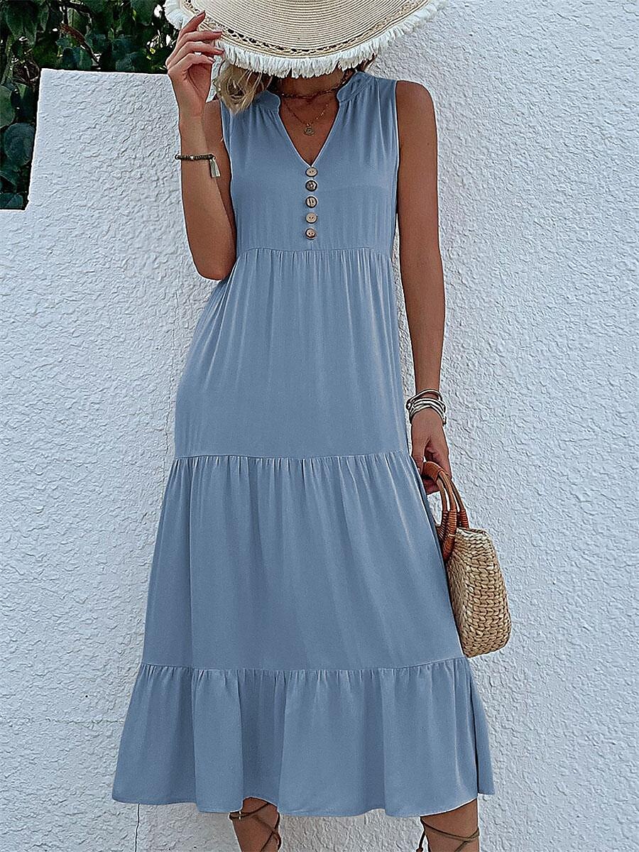 Damen Schwarz Gelb Blau Sommer Frühling Maxikleid Leinen-inspirierte Kleider Freizeitkleid Sommerkleid Basic Modern Täglich Wochenende Lässiger Schnitt Einfach V Ausschnitt 2025 - $26.99 –P1