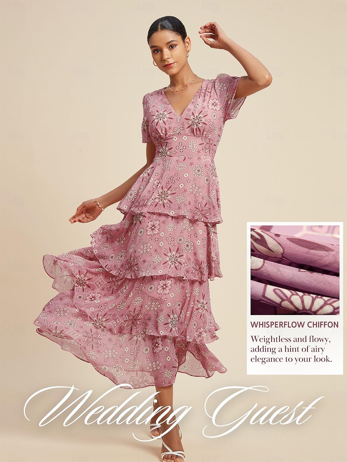 Chiffon Wedding Guest Floral V Neck Short Sleeve Maxi Dress 2026 - $121.99