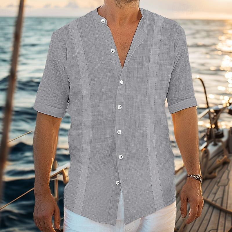 Per uomo Camicia camicia di lino Camicia Guayabera Camicia con colletto a fascia Camicia estiva Abbigliamento mare Liscio Da mare Curise Nero Bianco Blu Verde Manica corta Colletto Estate del 2025 a $22.99 –P3