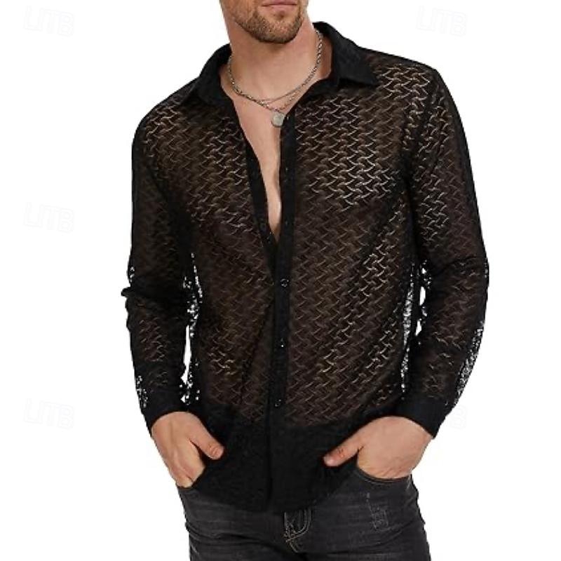 Per uomo Camicia Camicia estiva Camicia a rete Camicia trasparente Camicetta trasparente Nero Bianco Manica lunga Liscio Bavero Hawaiano Per eventi Retato Abbigliamento Di tendenza Informale Comodo del 2025 a $24.99 –P4