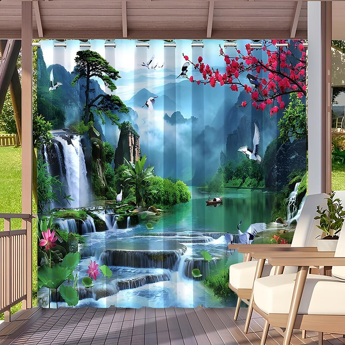 vedenpitävä ulkoverho yksityisyys, liukuvat patioverhot, pergola verhot kiinalainen maisema huvimajaan, parveke, kuisti, juhlat, 1 paneeli 2025 - $34.99 –P5
