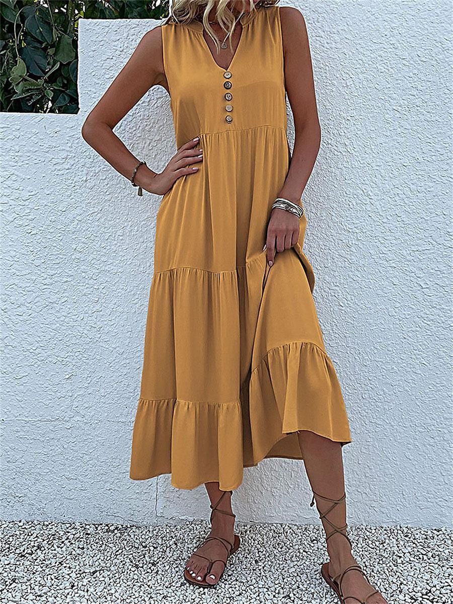 Damen Schwarz Gelb Blau Sommer Frühling Maxikleid Leinen-inspirierte Kleider Freizeitkleid Sommerkleid Basic Modern Täglich Wochenende Lässiger Schnitt Einfach V Ausschnitt 2025 - $26.99 –P3