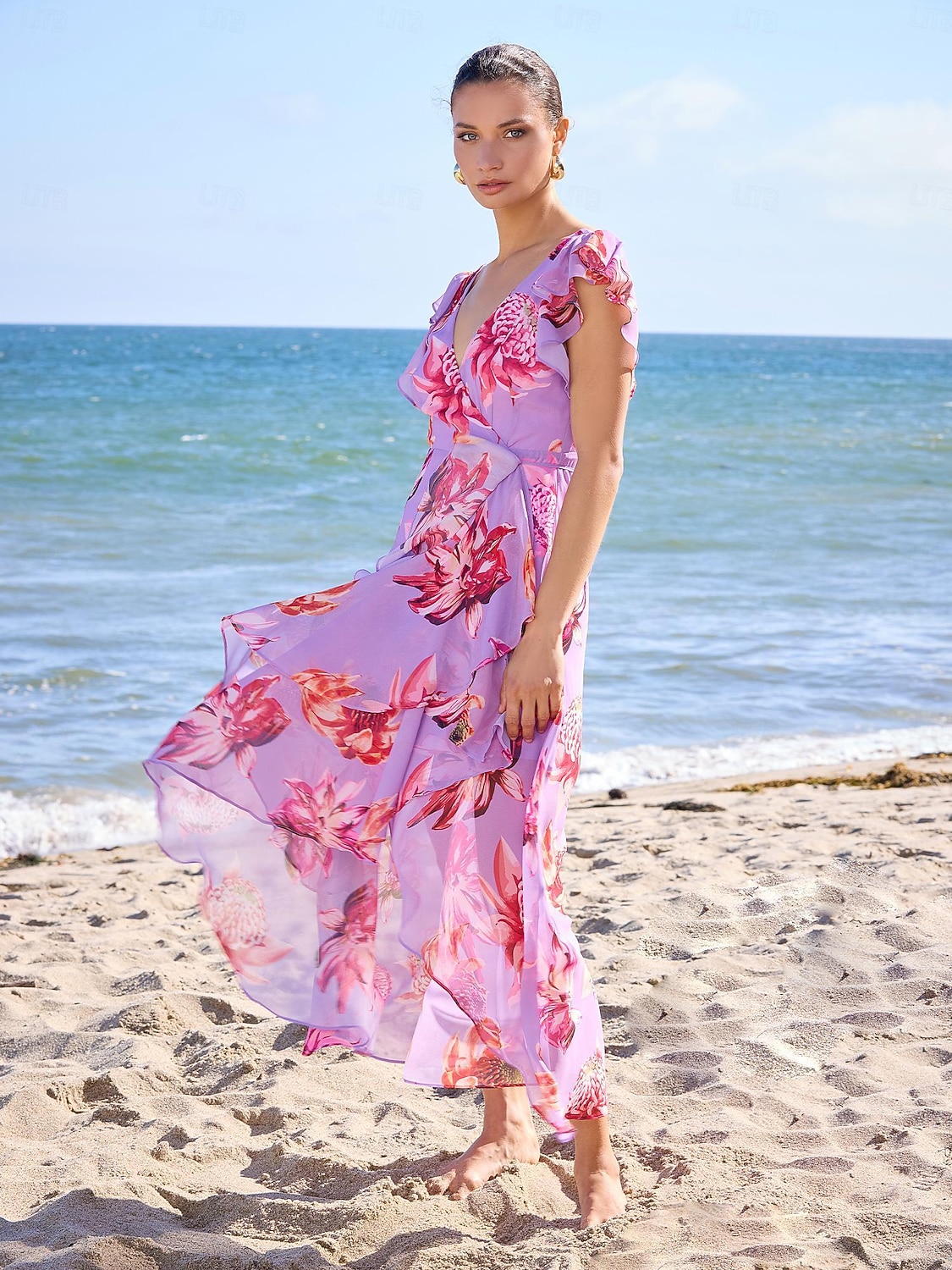 Per donna Vestito Estivo Abito Floreale Abito Estivo Abito al ginocchio Viola Senza Maniche Motivo Floreale Moda Fiori Volant Stile Floreale Stampa Primavera & Estate Scollo incrociato Con balze del 2026 a $64.99 –P1
