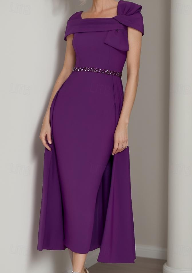 Sheath Brautmutter Kleid Elegantes Quadrat-Ausschnitt Tee-Länge Stretch-Stoff Kurzarm mit Schleife(n) Tier Einfarbig Rennsport Kleid kostenlose Maßanfertigung 2025 - $176.99 –P3