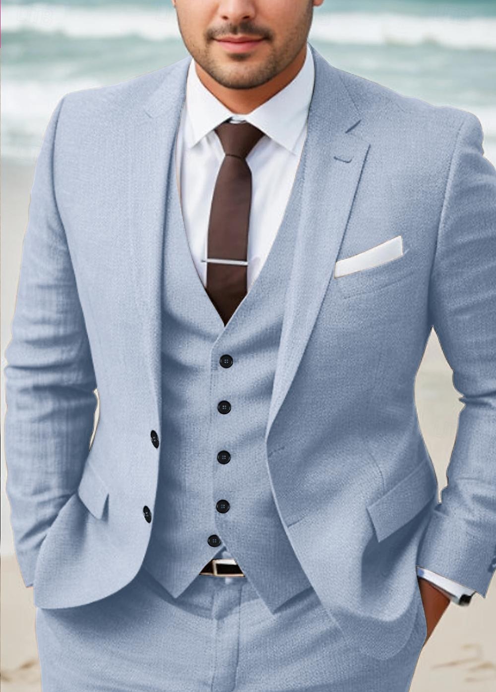 Men's Wedding Linen Suits Sky Blue Khaki Summer Solid Colored Tailored Fit 3 Piece Single Breasted Two-buttons 2025 - $139.99 –P1