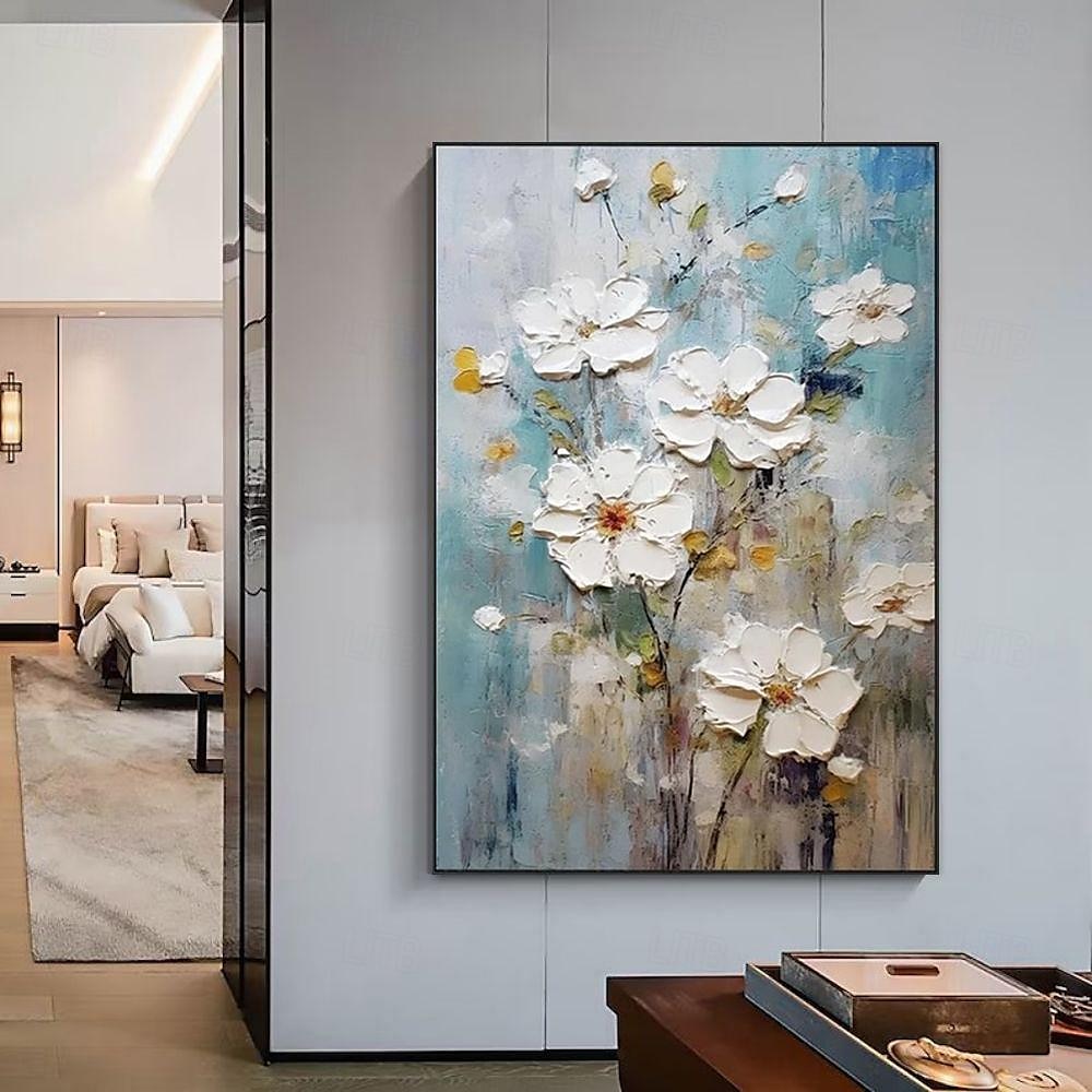 handgemachtes Ölgemälde auf Leinwand, Wandkunst, Dekoration, dickes Öl, weiße abstrakte Blumen für die Inneneinrichtung, gerolltes, rahmenloses, ungedehntes Gemälde 2025 - $54.99 –P4