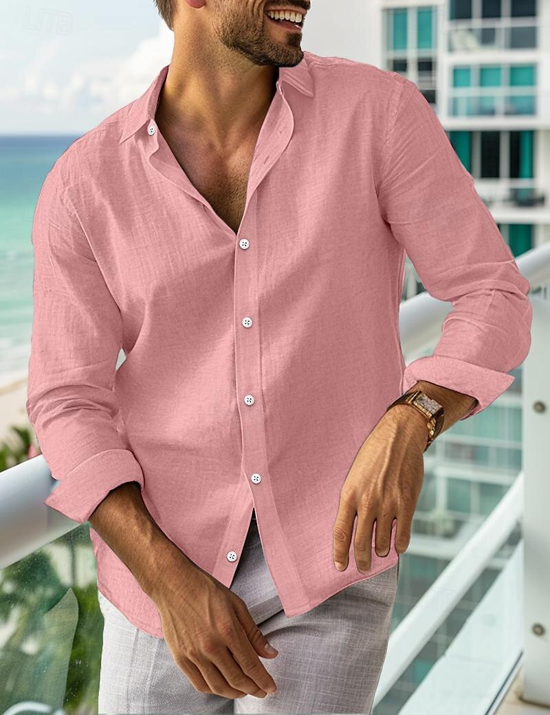 Herren leinenhemd Sommerhemd Strandbekleidung Lässiges Hemd Knopfhemd Glatt Urlaub Curise Schwarz Weiß Rosa Marineblau Langarm Kargen Frühling Sommer Bekleidung 2025 - $23.99 –P8