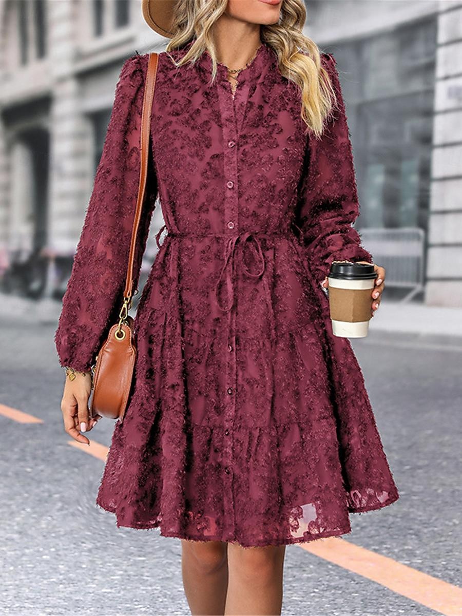 Damen Spitzenkleid Minikleid Angeschnallt Ausgefallene Ständer Langarm Schwarz Wein Marineblau Farbe 2025 - $57.99 –P3