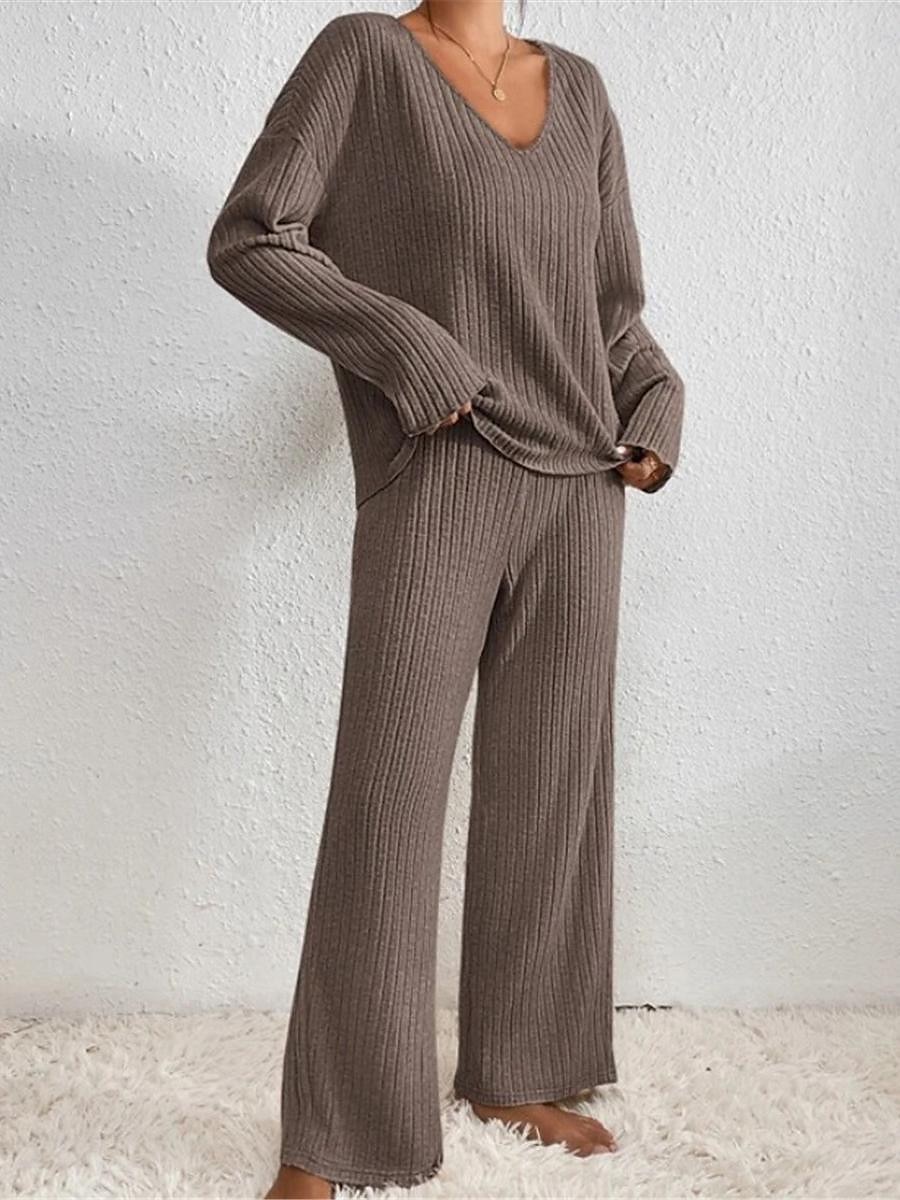 dames pyjama sets pure kleur mode comfort thuis dagelijks bed brei ademend v draad lange mouwen broek elastische taille lente herfst zwart kameel thuis outfits 2025 - $26.99 –P3