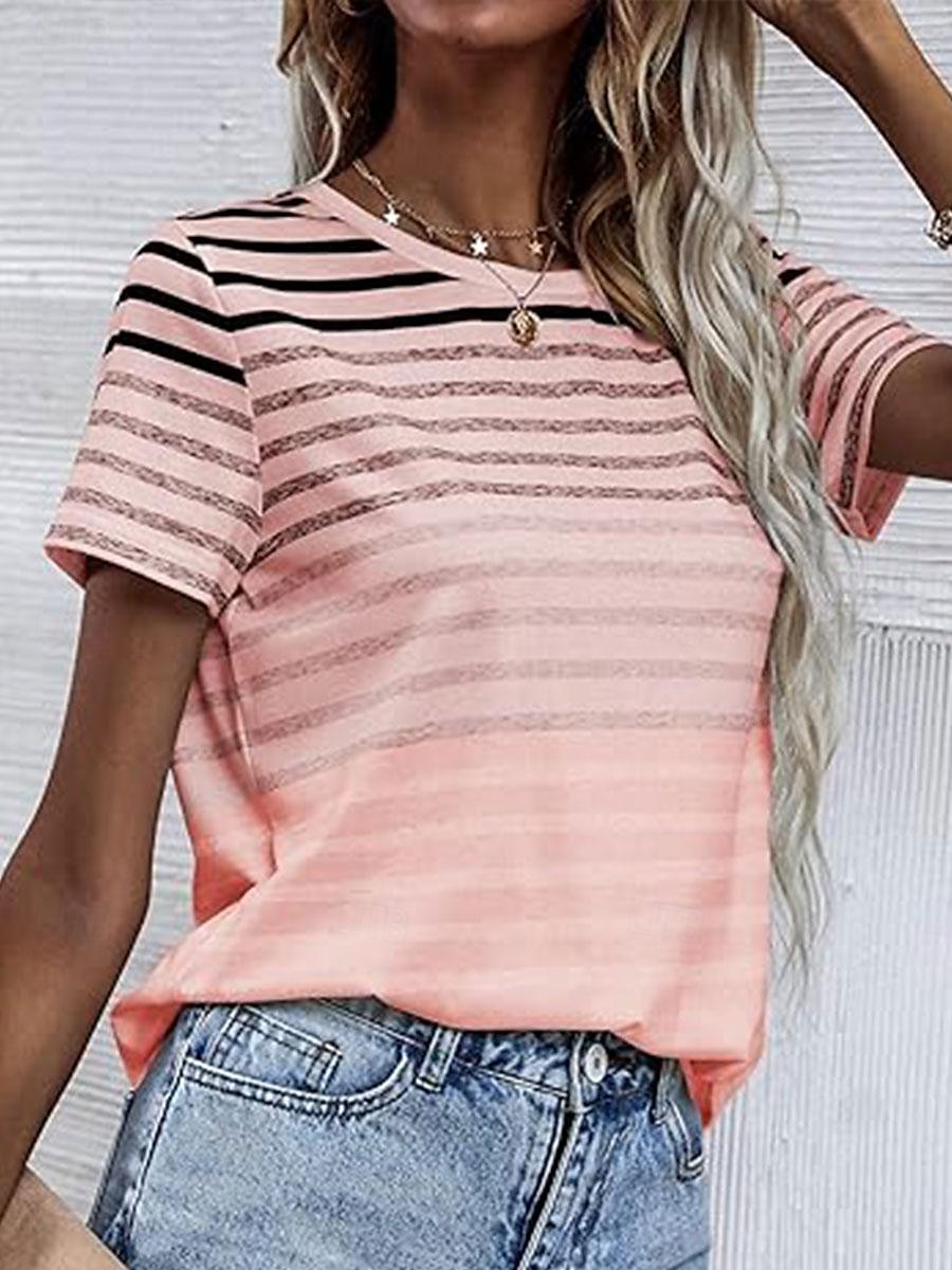 Per donna Maglietta Stampato A righe Casual Manica Corta Girocollo Top Regolari Quotidiano Blu Rosa Viola Estate del 2026 a $22.99 –P3
