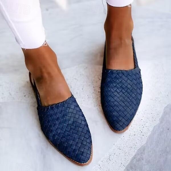 Women's Black Woven Flat Mules with Adjustable Slingback Strap - Stylish Summer Casual Shoes 2025 - €27.99 –P3