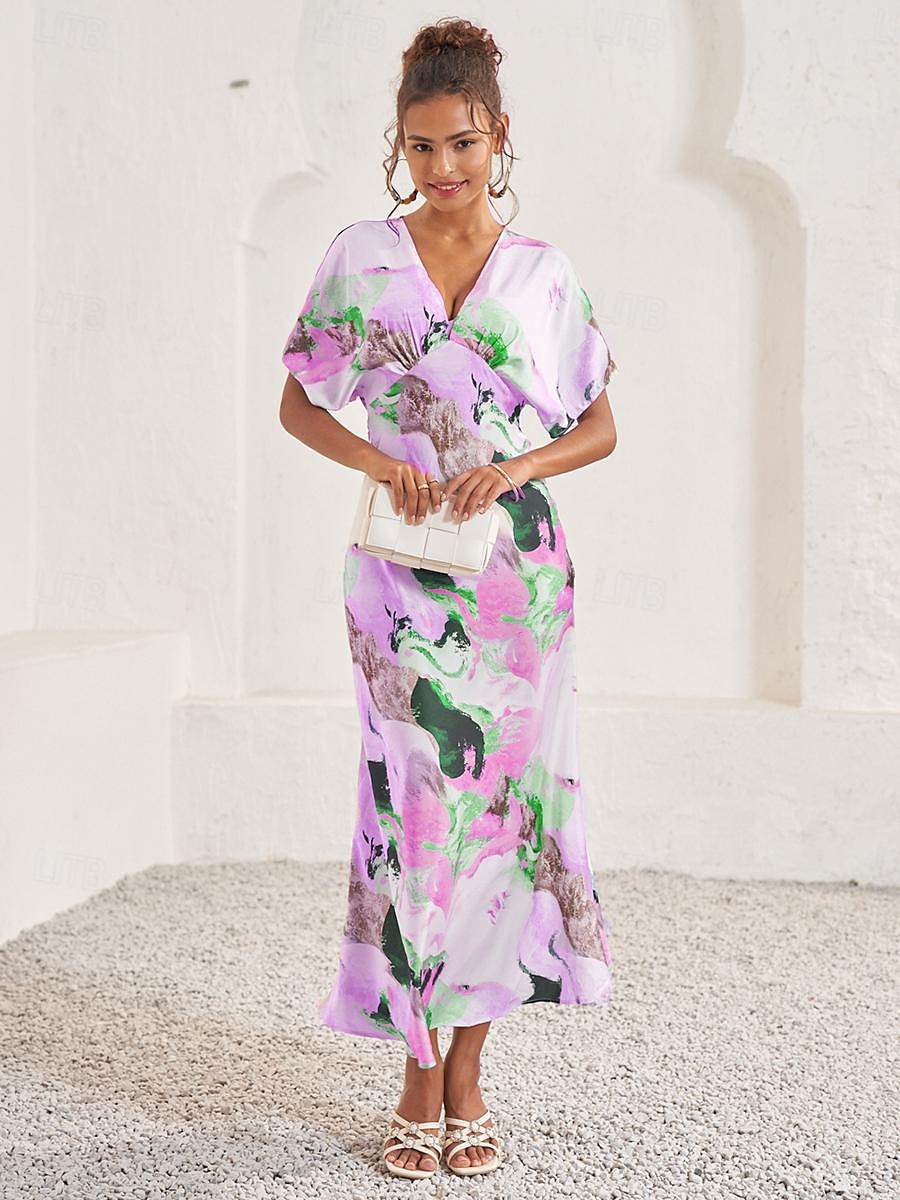 Women's Wedding Guest Dress Elegant Tie Dye Maxi Dress Short Sleeve V Neck Print Loose Fit Daily White Blue Purple Summer Dress 2025 - $59.99 –P9