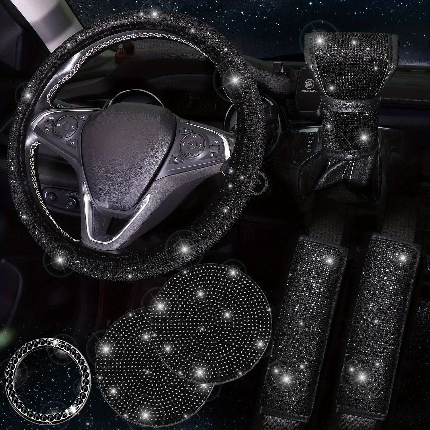 Set da 7 pezzi/set di accessori per auto scintillanti da donna - include sottobicchieri coprivolante, cuscinetti per cinture di sicurezza, adesivo con emblema e copertura del cambio - aggiungi del 2025 a $25.99 –P3