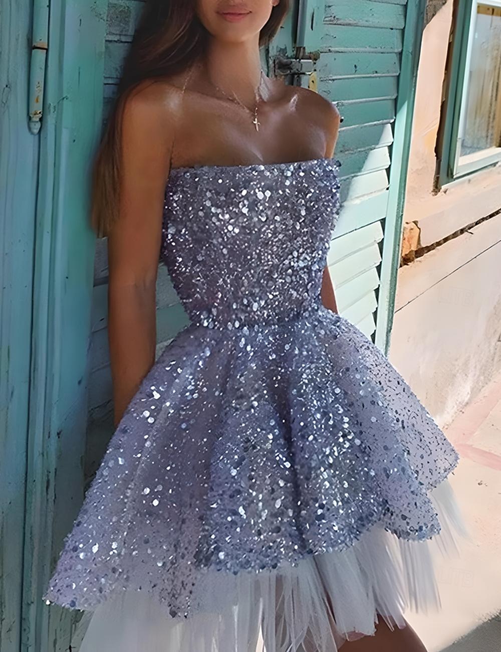 A-Line Homecoming Dresses Sparkle Dress Holiday Graduation Short / Mini  Sleeveless Strapless Tulle with Sequin 2026 - $160.99