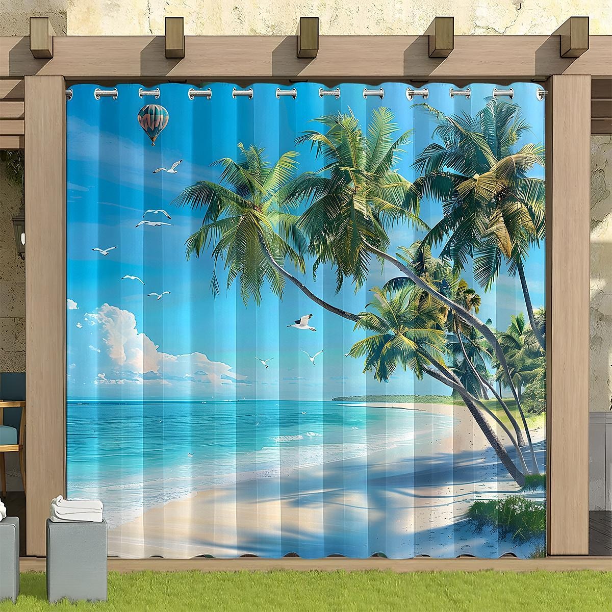 Wasserdichter Outdoor Vorhang Sichtschutzvorhang für den Außenbereich, Schiebevorhänge für die Terrasse, Pergola mit Ösen, Strand-Palmen-Landschaft für Pavillon, Balkon, Veranda, Party, 1 Panel 2025 - $37.99 –P18