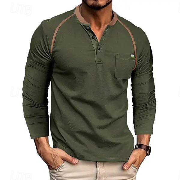 Men's Henley Shirt Tee Top Color Block Crewneck Outdoor Casual Long Sleeve Button Front Pocket Clothing Apparel Fashion Designer Comfortable 2025 - $18.99 –P2