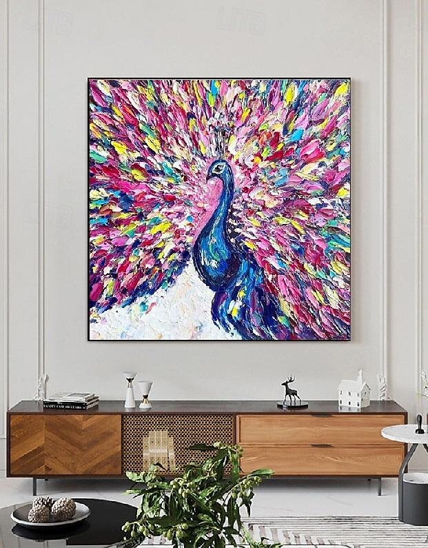 Pfauengemälde, Vogelkunst, Ölgemälde, handgefertigt, farbenfrohes Pfauen-Impasto-Kunstwerk, helles Ölgemälde, Wandkunst, Palettenmesser, heller Vogel, 3D-Strukturkunst, Gemälde für Schlafzimmer, 2025 - $116.99 –P4