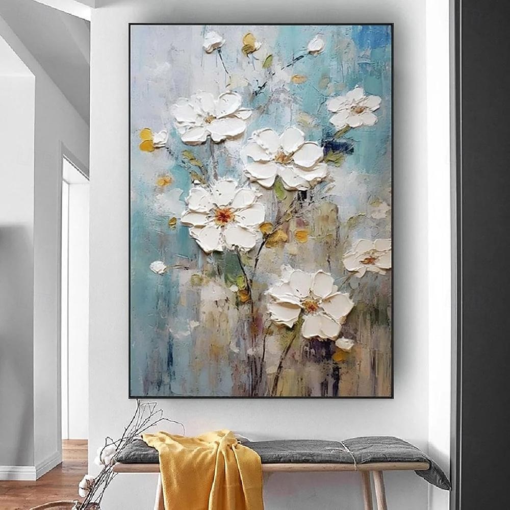 handgemachtes Ölgemälde auf Leinwand, Wandkunst, Dekoration, dickes Öl, weiße abstrakte Blumen für die Inneneinrichtung, gerolltes, rahmenloses, ungedehntes Gemälde 2025 - $54.99 –P3