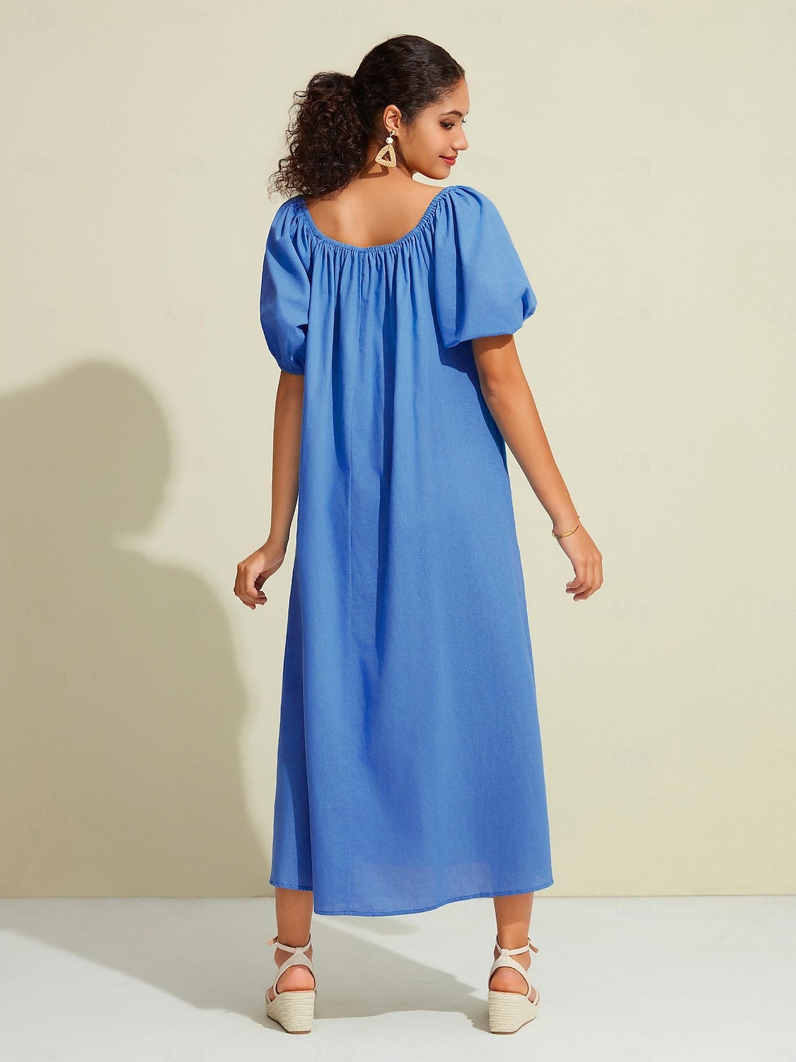 kvinners maxikjole i bomull fritidsklær feriekjole grønn løs passform off-shoulder puffermer en linje sommerkjole 2025 - $52.99 –P7
