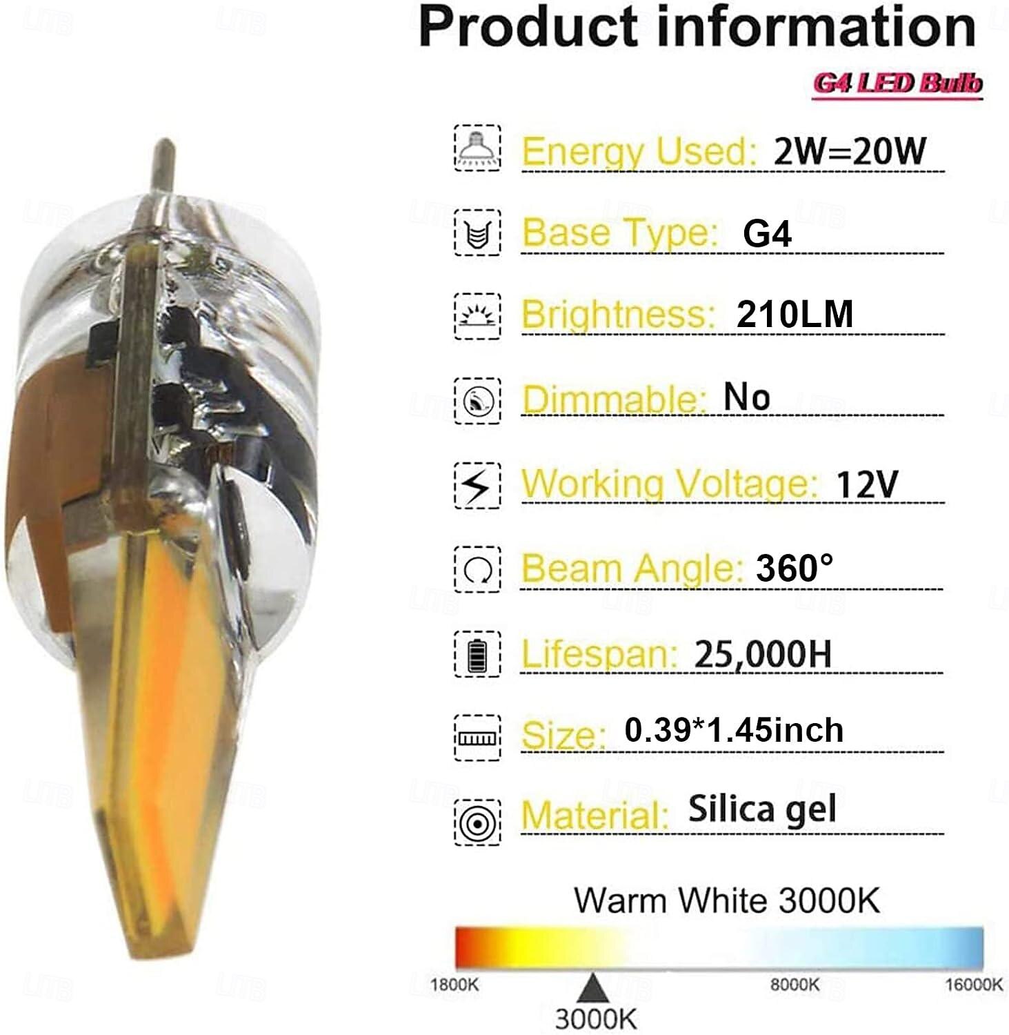 10pcs G4 LED Bi-pin Bulbs 2W Equivalent to 20W T3 JC Type Bi-Pin G4 Base Halogen Bulb AC/DC 12V Daylight White 6000K G4 Bulb for Under Cabinet Light Ceiling Light RV Boats Outdoor Landscape Lighting 2025 - $34.99 –P1