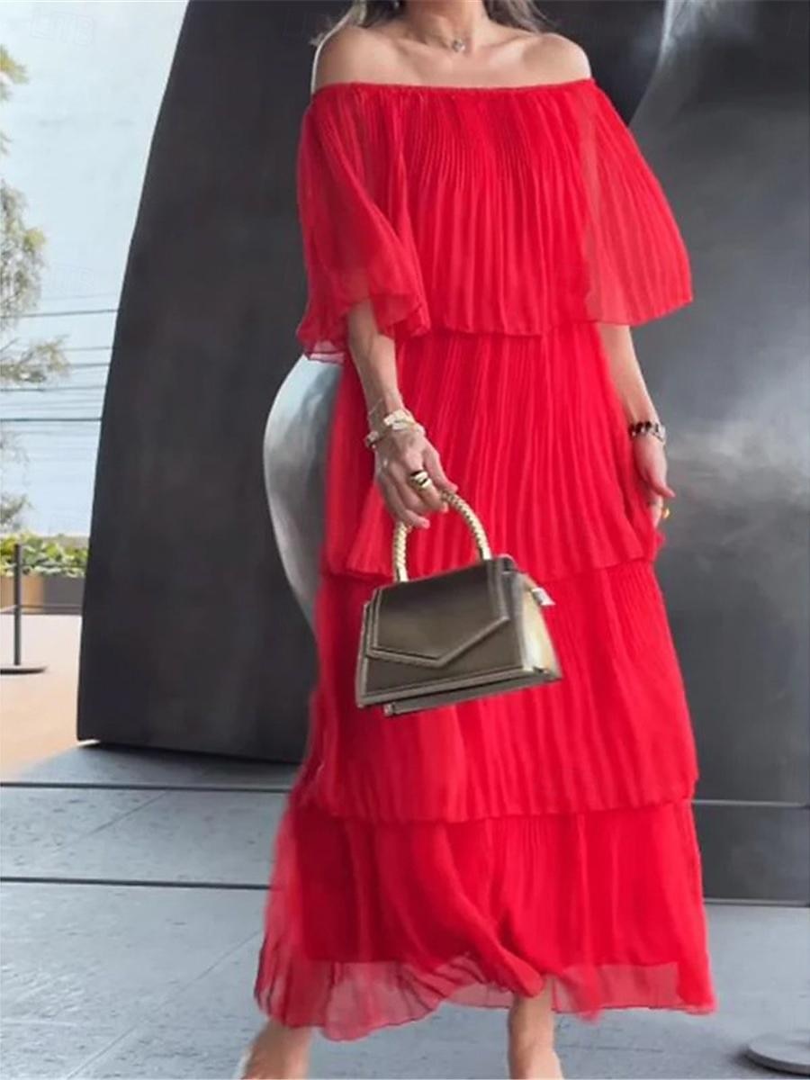 Women's White Dress Maxi Dress Chiffon Ruffle Layered Date