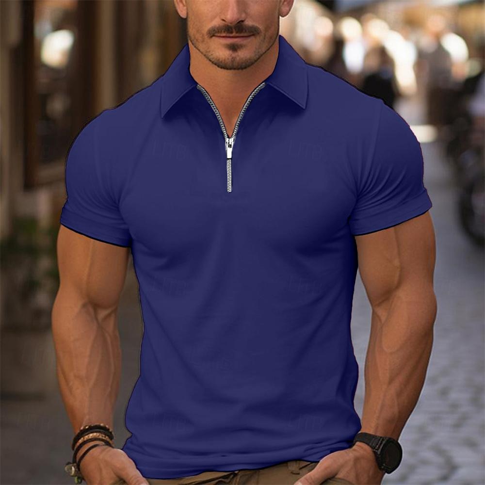 Men's Quarter Zip Polo Golf Shirt Daily Holiday Turndown Short Sleeve Fashion Basic Plain Spring & Summer Regular Fit Light Blue Black White Pink Wine Navy Blue Quarter Zip Polo 2025 - $12.99 –P11