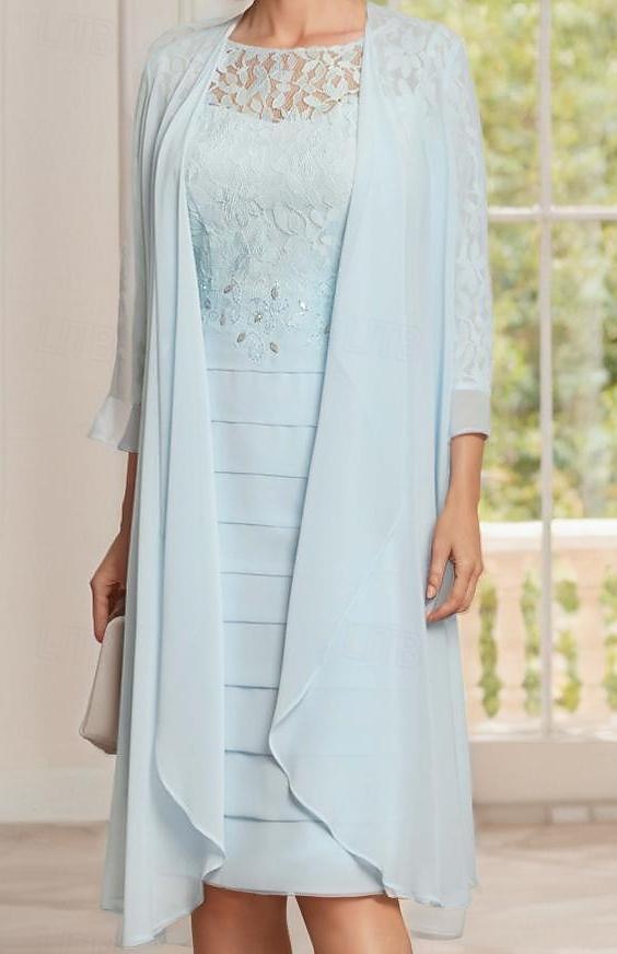 Abito da sposa a due pezzi in spiaggia abito madre della sposa elegante scollo a gioiello lunghezza al ginocchio chiffon con pizzo maniche a tre quarti abiti giacca con lace arricciato taglia del 2025 a $167.99 –P2
