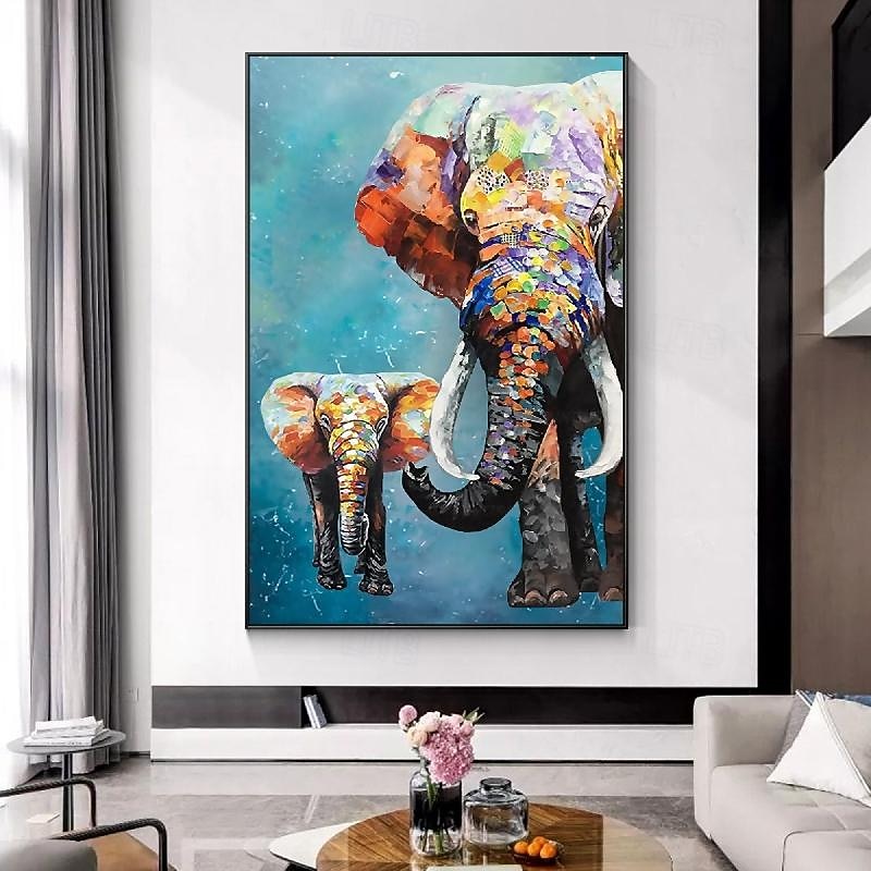 handmålad impressionistisk elefant oljemålning på duk- samtida flerfärgad safari djur oljemålning fin konst vilka lysande färger elefant målning för sovrum kontor väggdekoration 2025 - $108.99 –P11