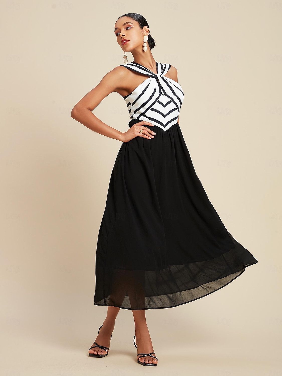 sifon negru&rochie maxi pentru invitați de petrecere/nuntă, cu talie elastică în dungi de satin, cu gât legat, fără mâneci, pentru a impresiona 2024 2025 - $85.99 –P1
