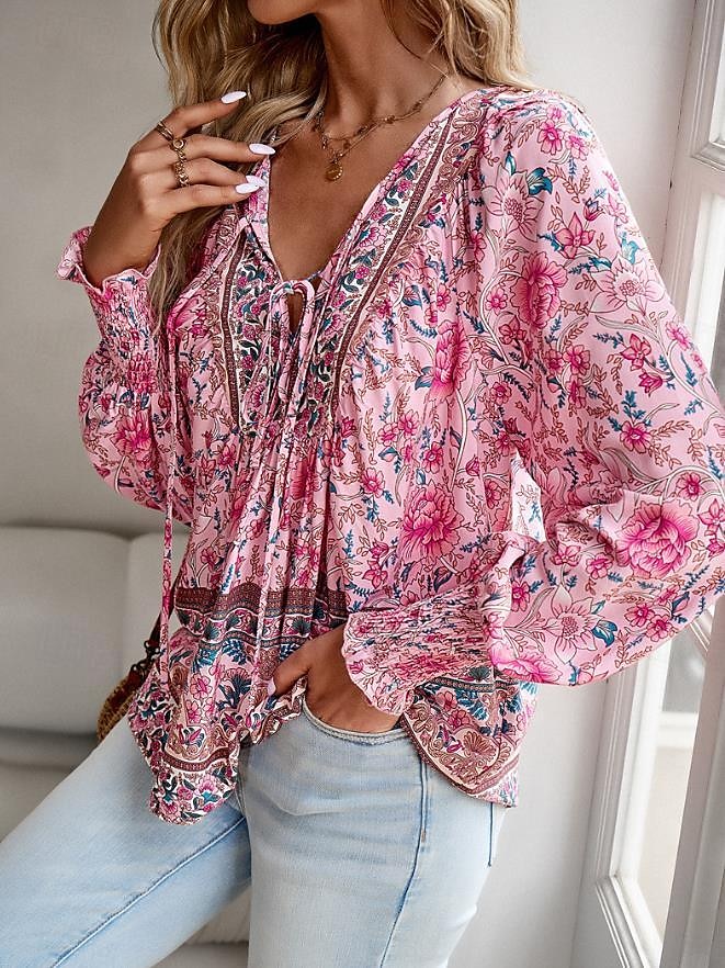 damebluse stilig boho blomsterslips foran lanternearm langermet knytehals daglig rosa marineblå oransje grønn sommer 2025 - $39.99 –P9