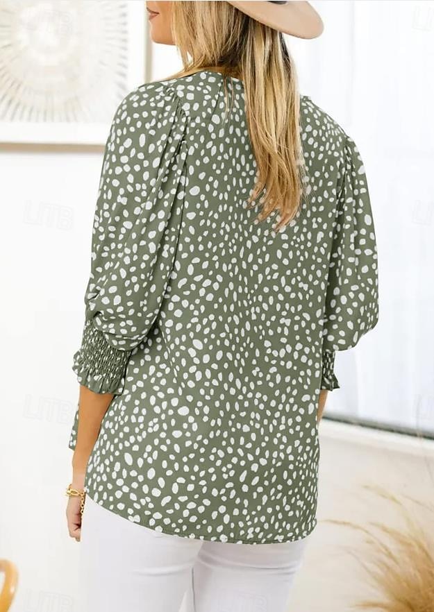 damblus dressade toppar ledigt prickigt tryck lanternärm 3/4 lång ärm rund halsringning dagligen svart rosa grön sommar vår höst 2025 - $29.99 –P11