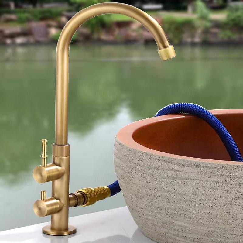 Vaskekran for baderom - Klassisk Antikk Messing Montere Utsiden Enkelt Håndtak Et HullBath Taps 2025 - $113.99 –P9