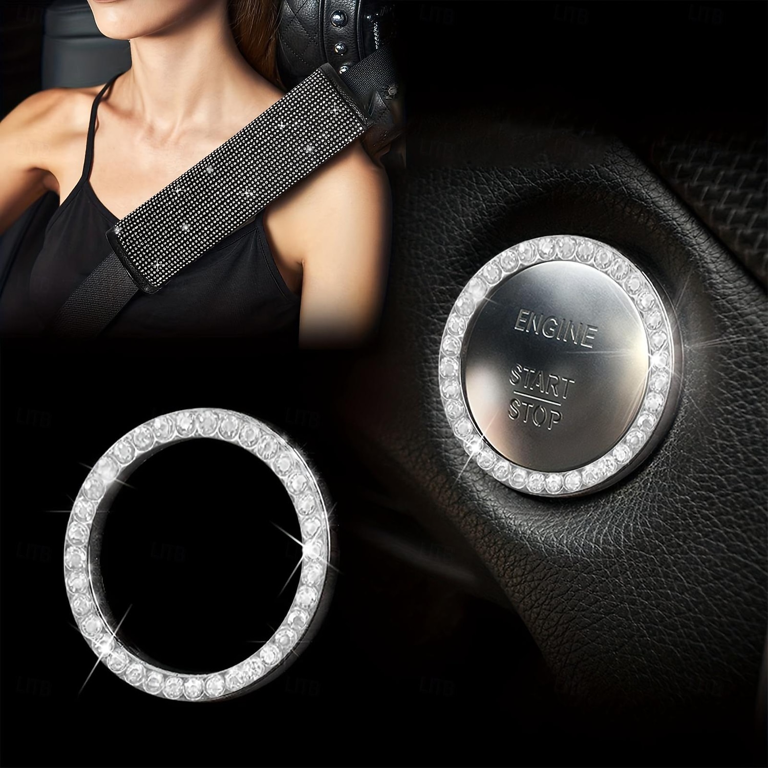 Set da 7 pezzi/set di accessori per auto scintillanti da donna - include sottobicchieri coprivolante, cuscinetti per cinture di sicurezza, adesivo con emblema e copertura del cambio - aggiungi del 2025 a $25.99 –P6