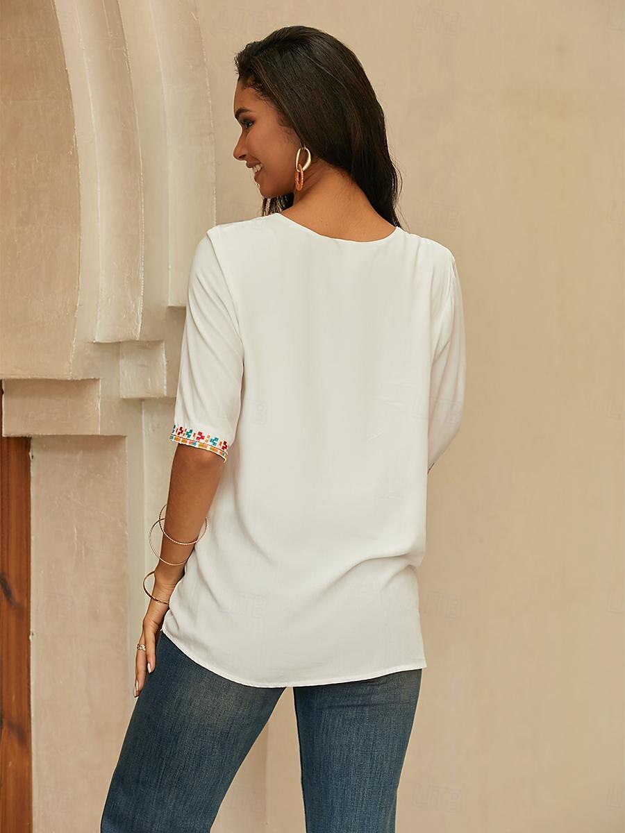 Dame Bluse Geometrisk Bohem 3/4 ermer V-hals Vanlige topper Daglig Broderi Svart Hvit Gul Rød Blå Sommer 2025 - $39.99 –P7