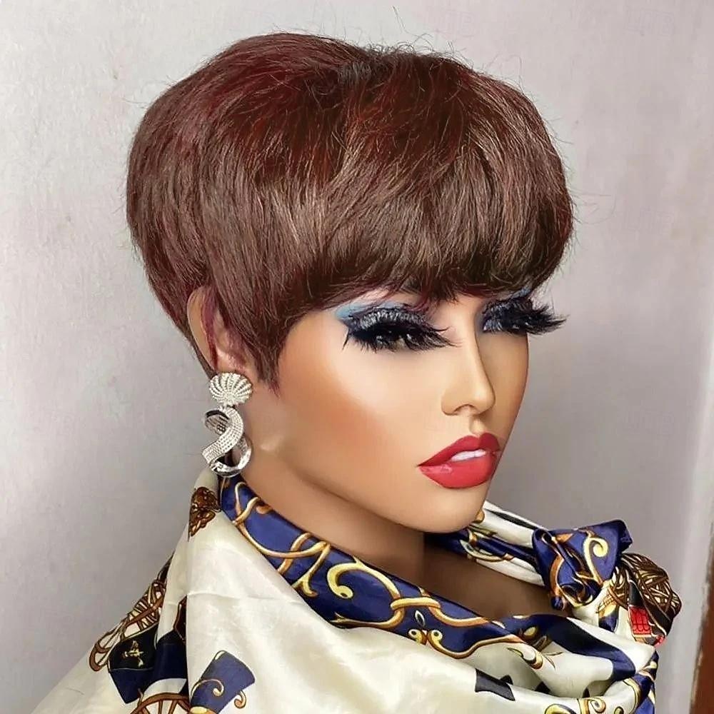 Perruque courte coupe lutin marron cheveux humains pour femmes noires perruques fabriquées à la machine avec frange perruque sans colle colorée perruques de cheveux humains de 2026 ? $47.99 –P7