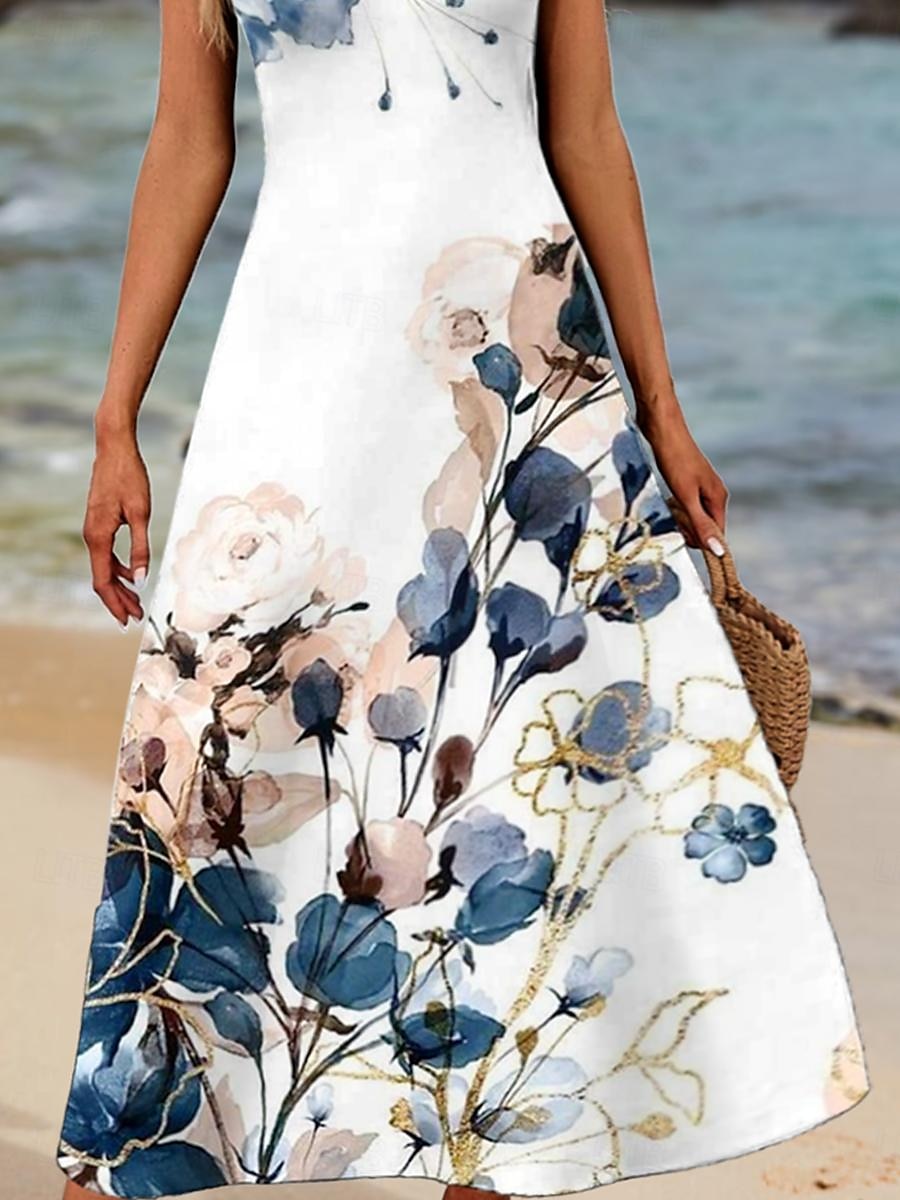 Robe longue maxi femme robe d'été robe à bretelles robe d'été décontractée vacances fête décontractée coupe ample floral sans manches col rond bleu marine été de 2025 ? $36.99 –P3