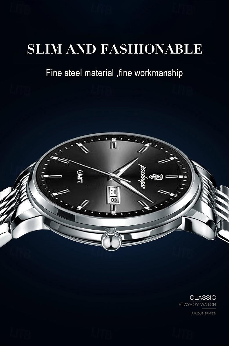 POEDAGAR Men Quartz Watch Minimalist Large Dial Fashion Business Luminous Calendar Date Week Waterproof Steel Watch 2025 - $21.99 –P11