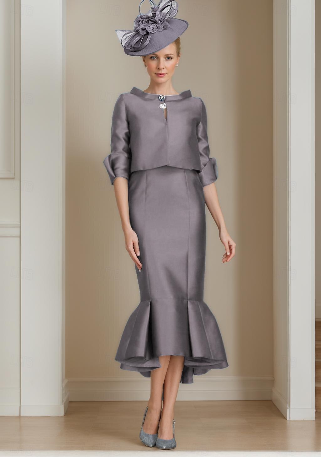 Ensemble deux pièces Robe Sirène Mère de la Mariée Robe de cérémonie d'invité de mariage Élégante Encolure ornée Mi-longue Satin Manche mi-longue avec Boutons Robe Derby Robe de jour de course 2025 de 2025 ? $149.99 –P6